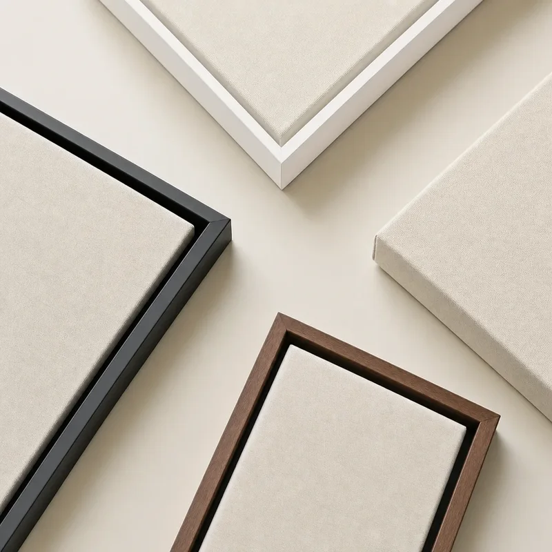 Frameless gallery wrap and white, black, and walnut floating frame corners