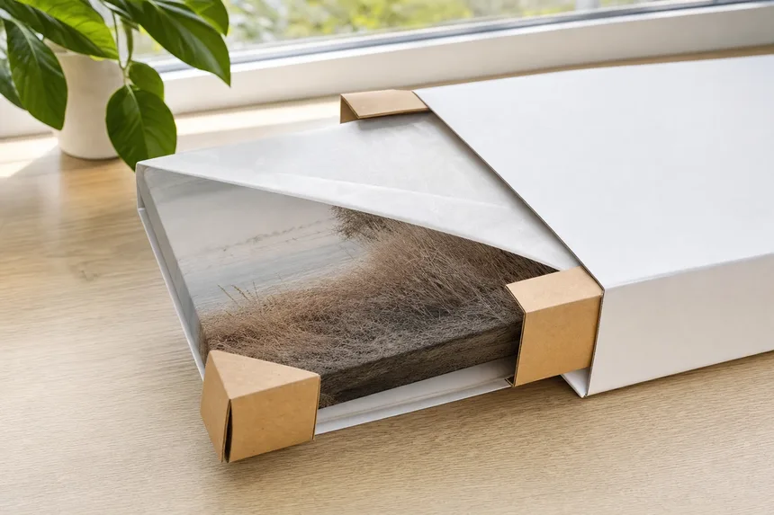 Canvas print in a protective shipping box with corner protectors