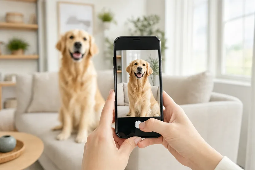 Taking a phone photo of a golden retriever at home