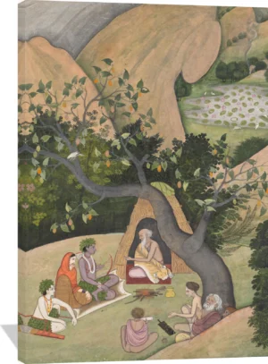 Rama, Sita, and Lakshmana at the Hermitage of Bharadvaja: Illustrated folio from a dispersed Ramayana series