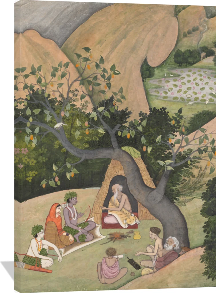 Rama, Sita, and Lakshmana at the Hermitage of Bharadvaja: Illustrated folio from a dispersed Ramayana series