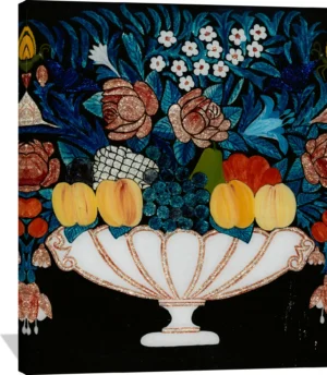 Still Life—Flowers and Fruit in White and Pink Bowl