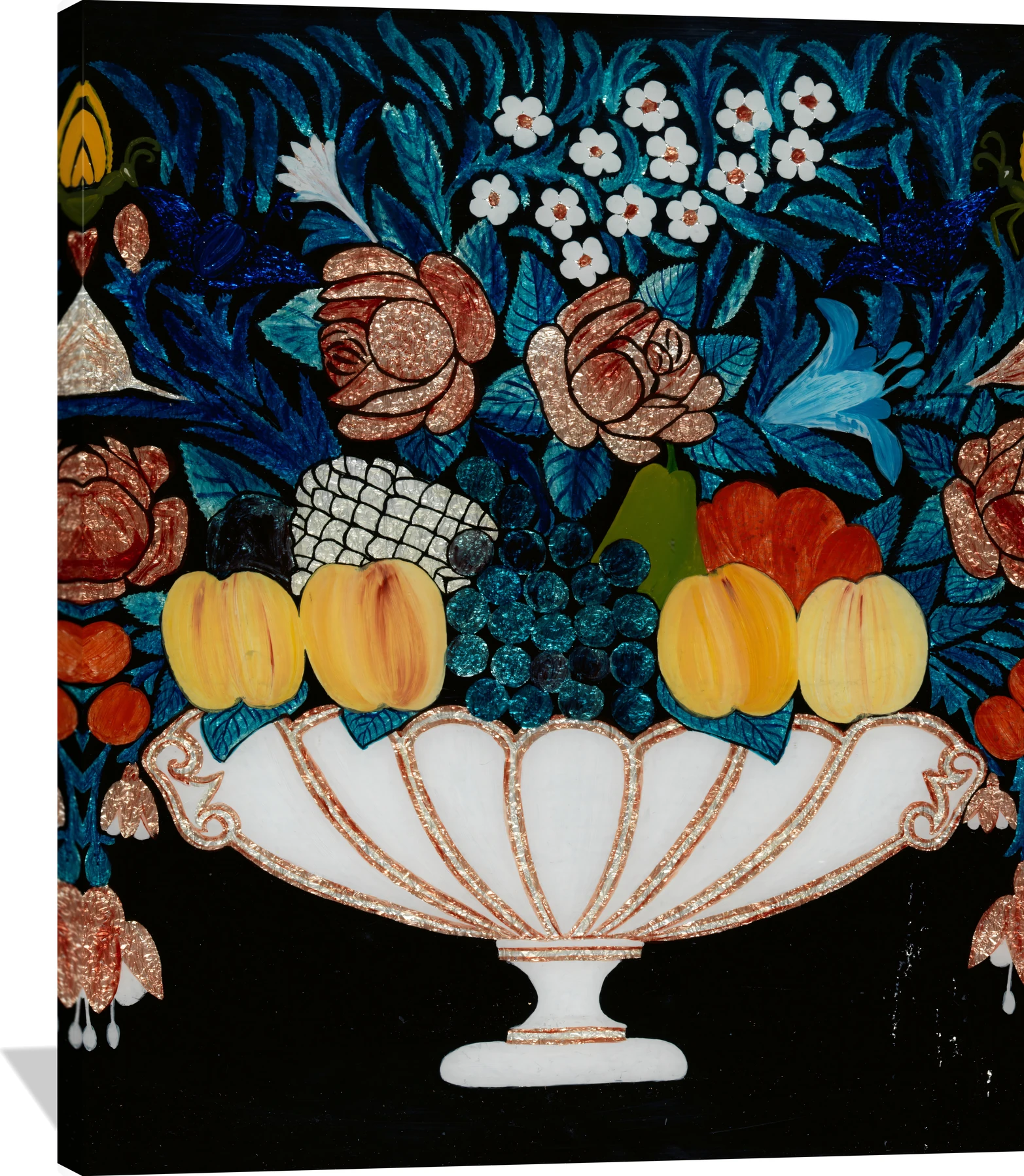 Still Life—Flowers and Fruit in White and Pink Bowl