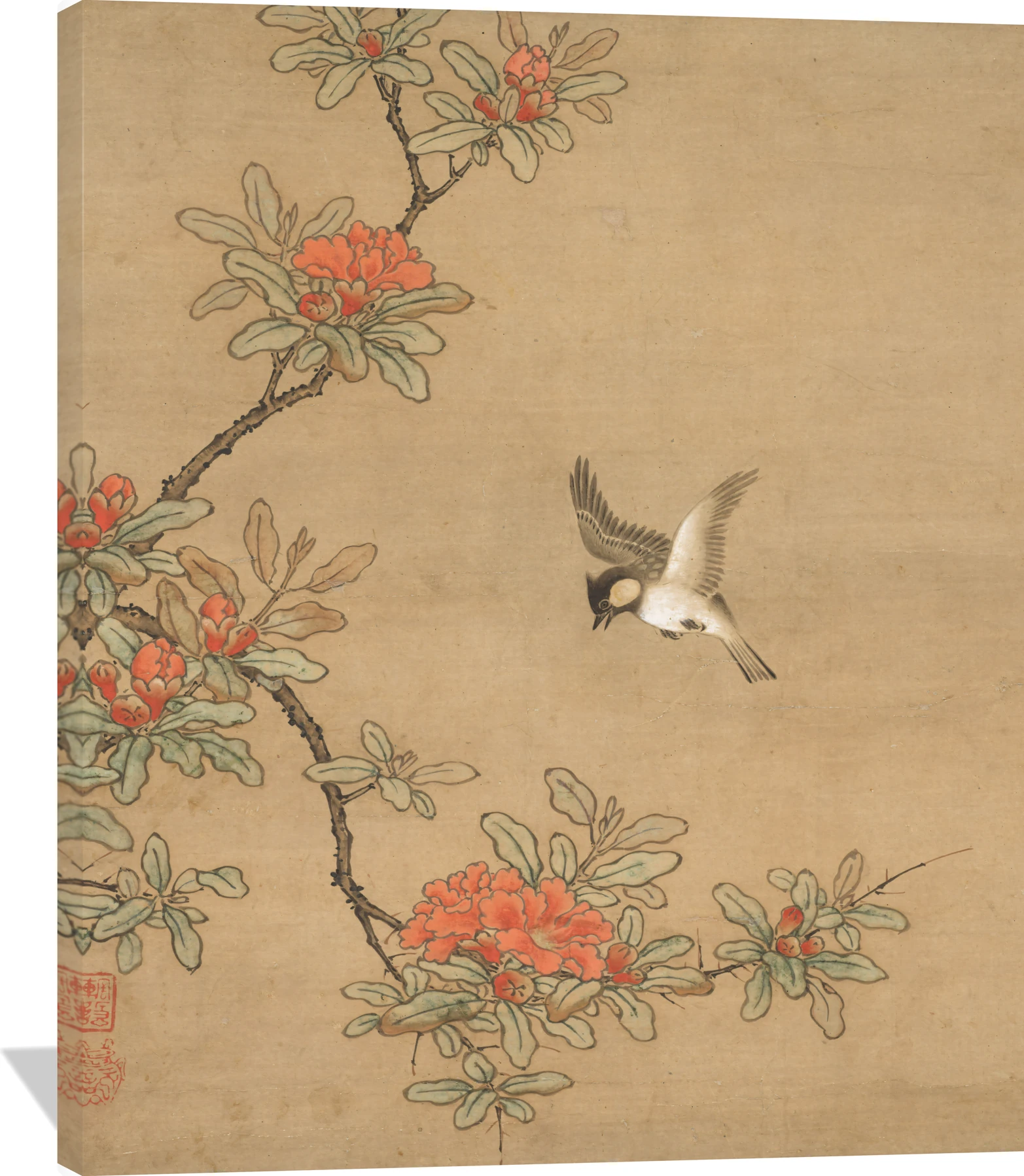 Titmouse with Pomegranate Flowers