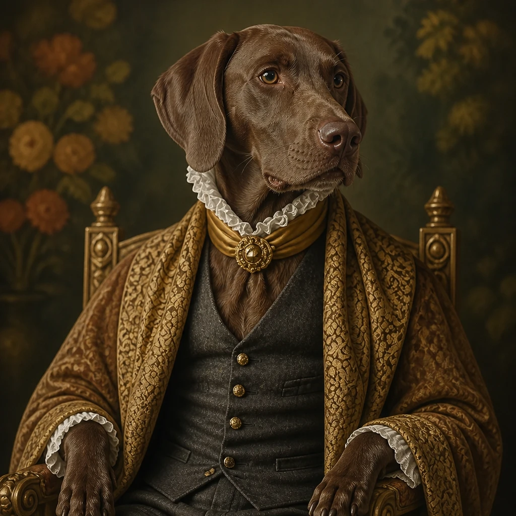 Custom renaissance pet portrait of a Weimaraner dog dressed as a noble in a gold robe