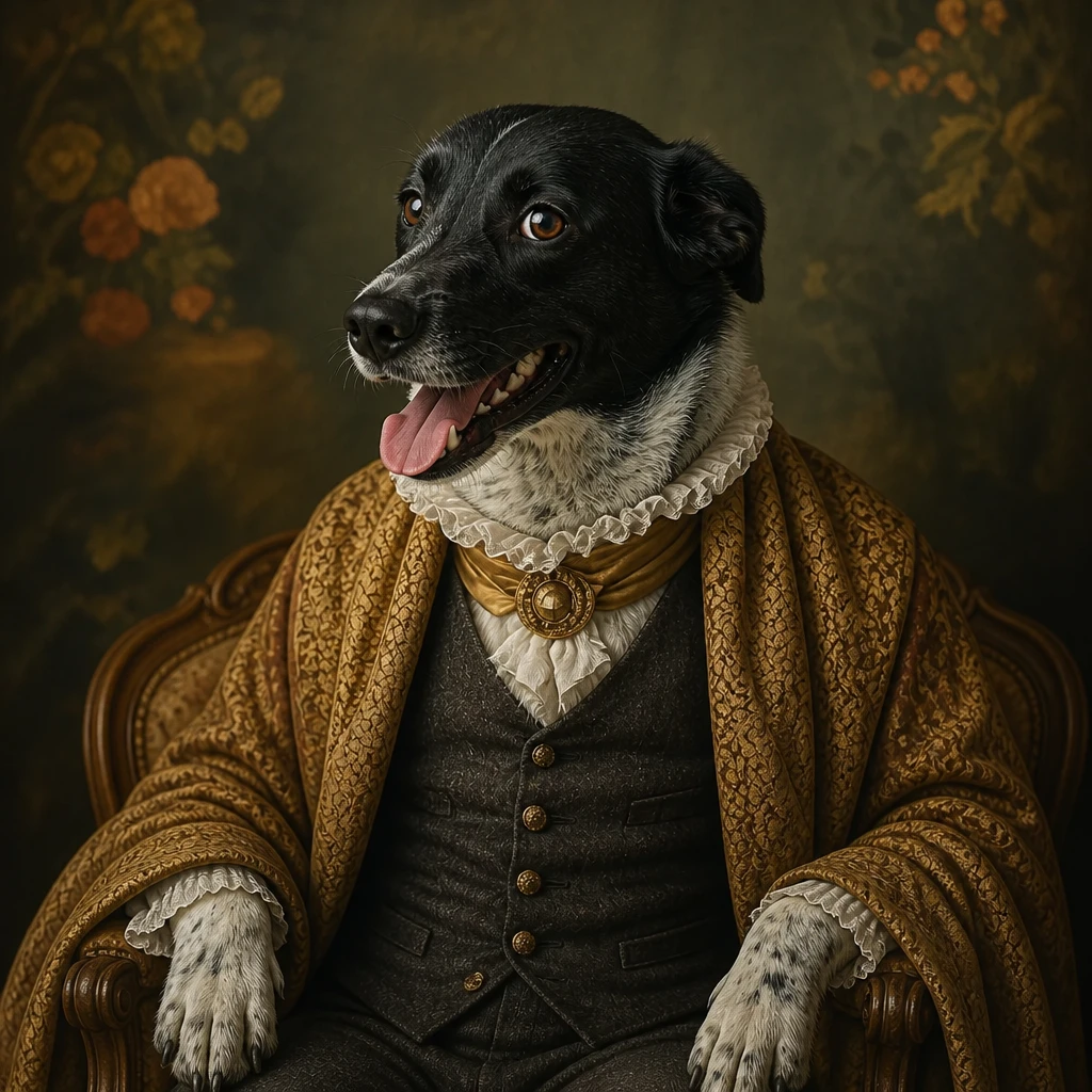 Custom renaissance pet portrait of a dog dressed as a noble gentleman