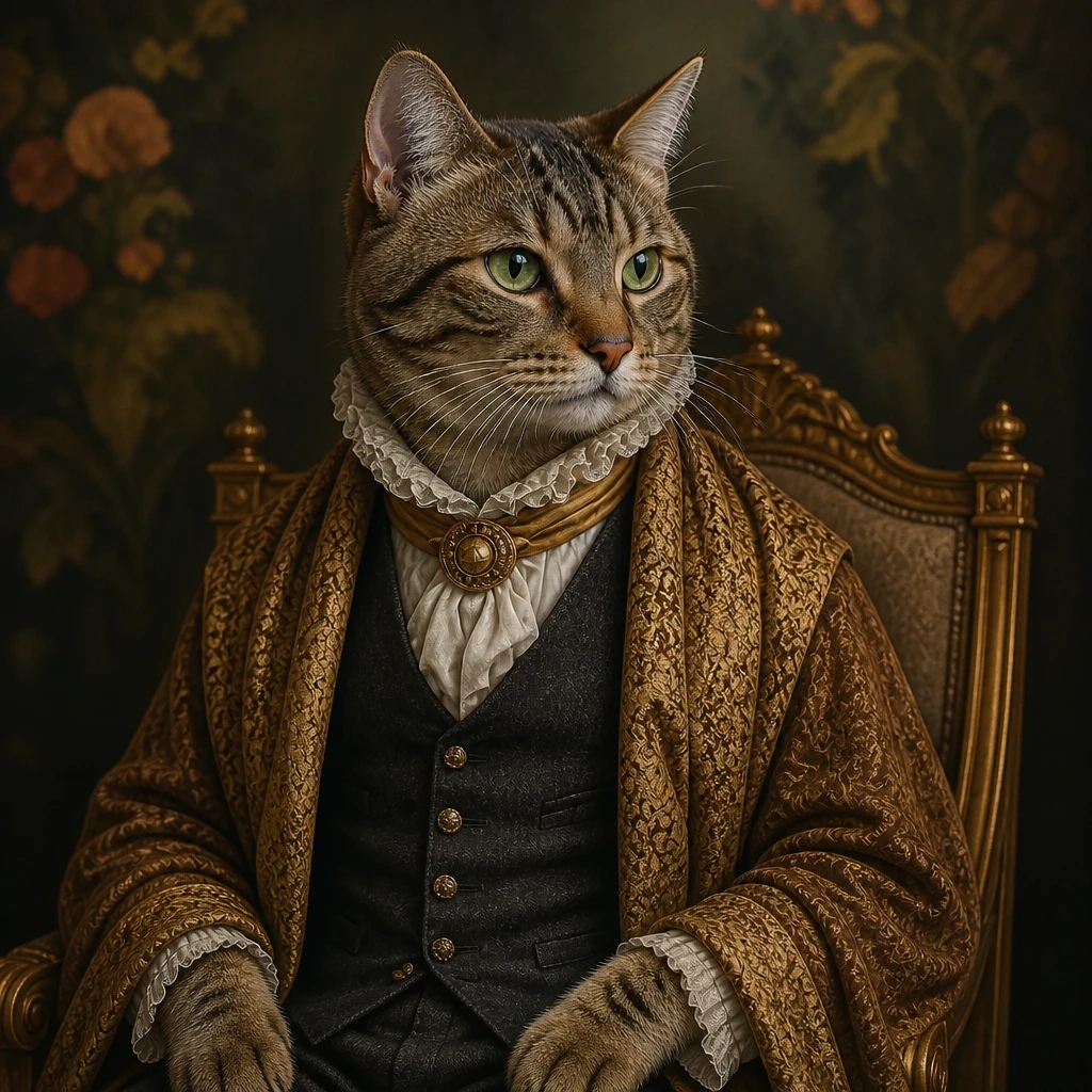 Custom renaissance pet portrait of a tabby cat dressed as a noble