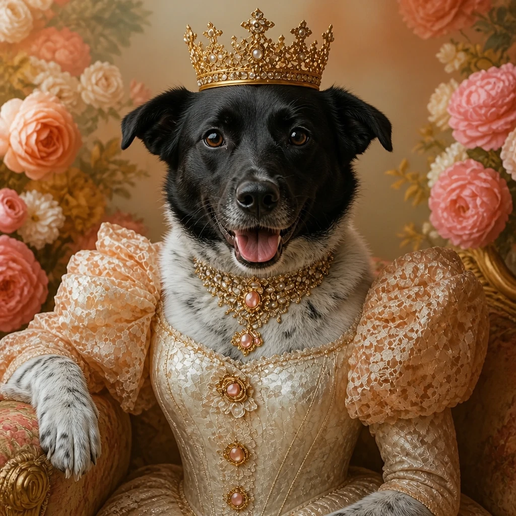 Custom royal pet portrait of a dog dressed as royalty with a crown and gown