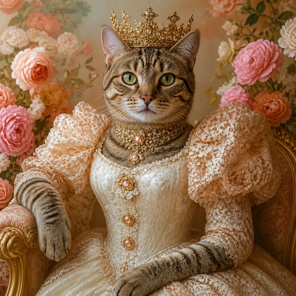 Custom royal pet portrait of a cat dressed as a crowned queen