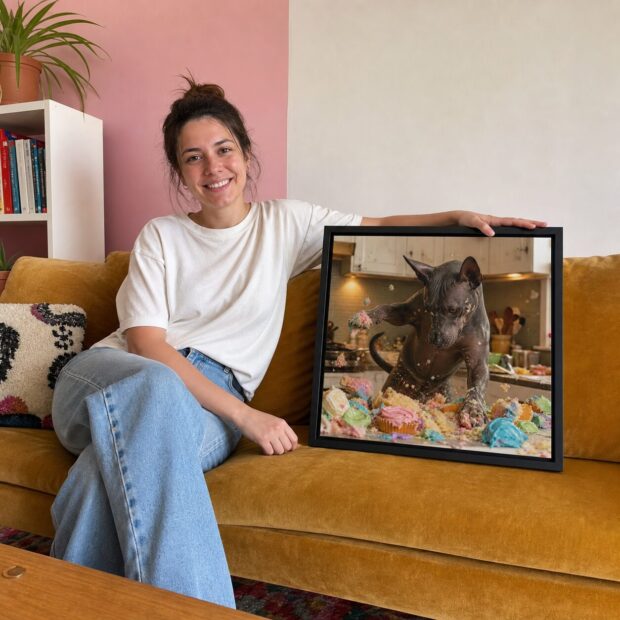 Custom pet portrait canvas from Amber J., hanging at home