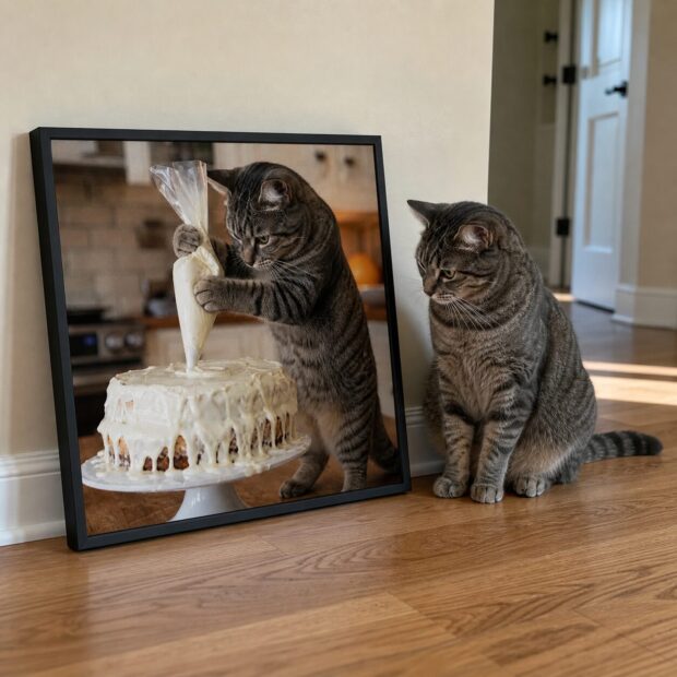 Custom pet portrait canvas from Olivia N., hanging at home