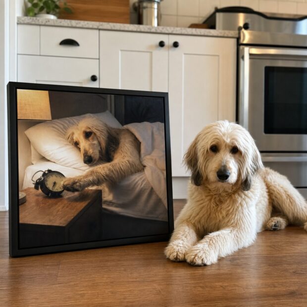 Custom pet portrait canvas from Caleb W., hanging at home