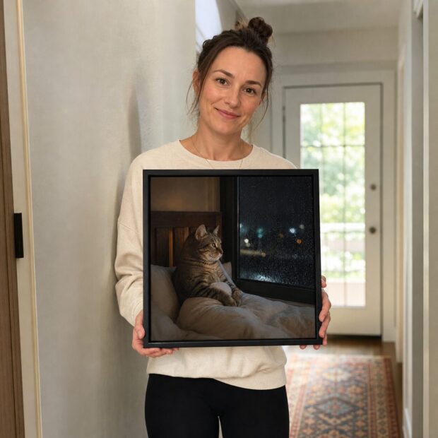 Custom pet portrait canvas from Rachel B., hanging at home