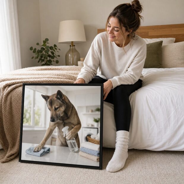 Custom pet portrait canvas from Maya T., hanging at home