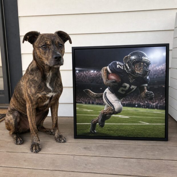 Custom pet portrait canvas from Ethan P., hanging at home