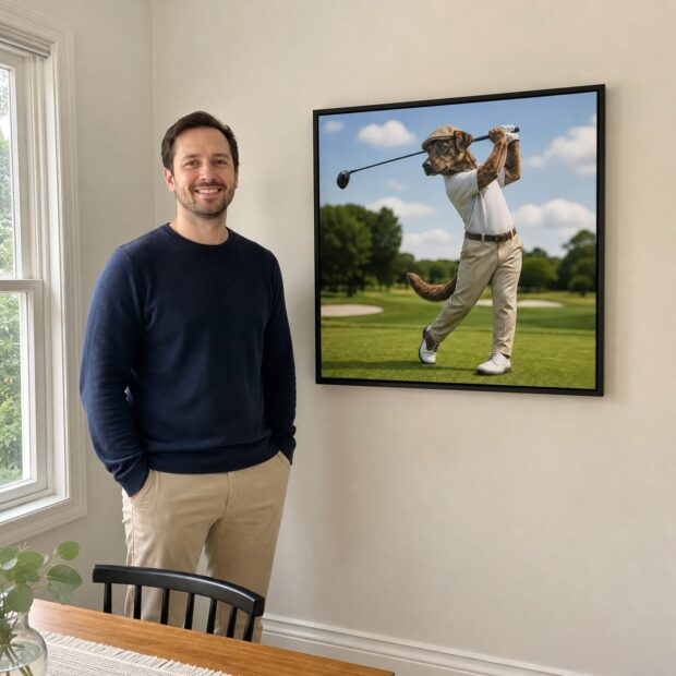 Custom pet portrait canvas from Noah G., hanging at home