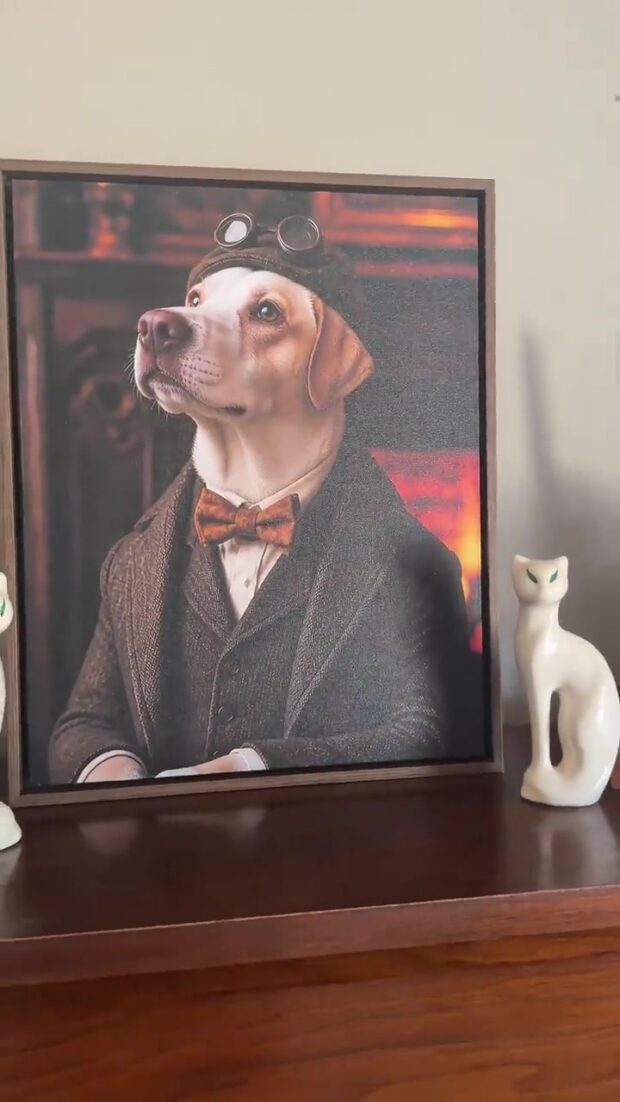 Custom pet portrait canvas from Tara C., hanging at home