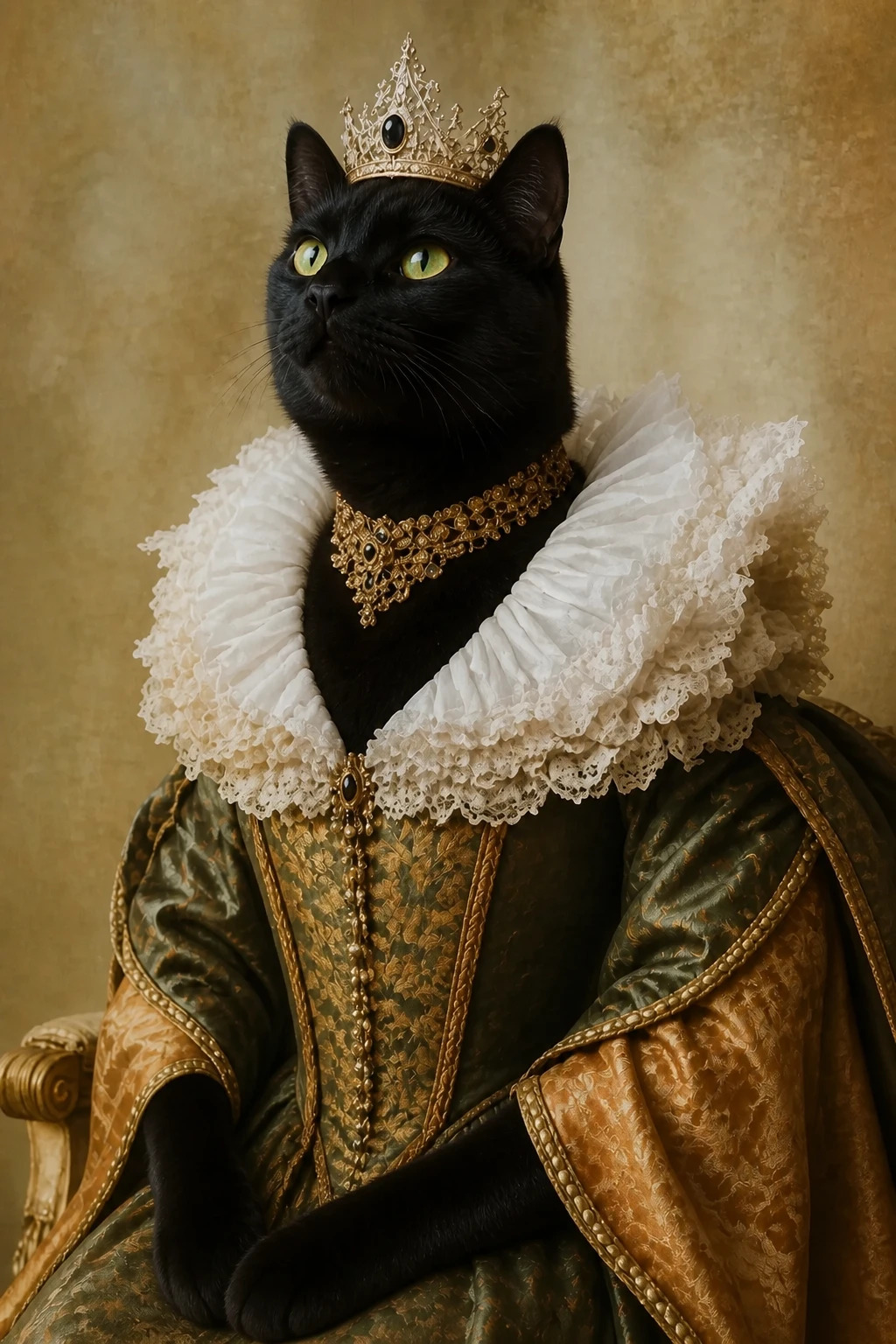 Custom cat portrait of a black cat in renaissance dress with a lace ruff, canvas print