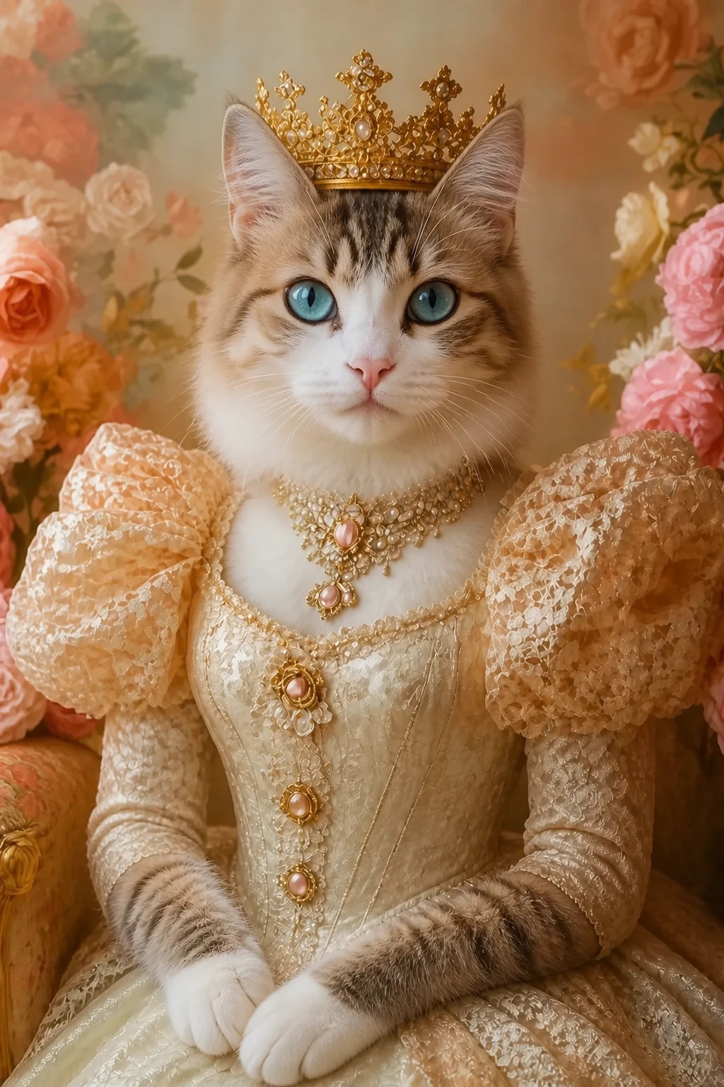 Custom cat portrait of a blue-eyed tabby in a royal renaissance gown, canvas print