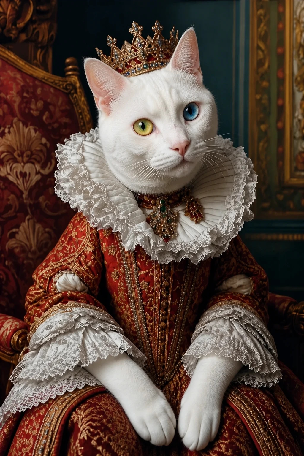 Custom cat portrait of an odd-eyed white cat in red brocade with a crown, canvas print