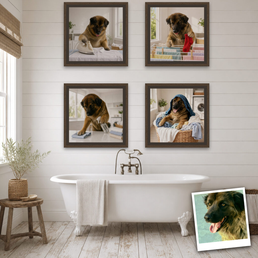 Finished framed canvases on a wall with the original photo
