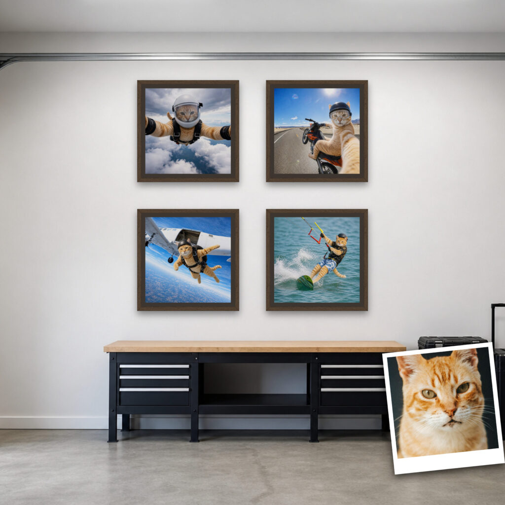 Finished framed canvases on a wall with the original photo