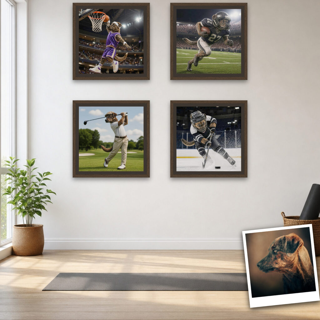 Finished framed canvases on a wall with the original photo