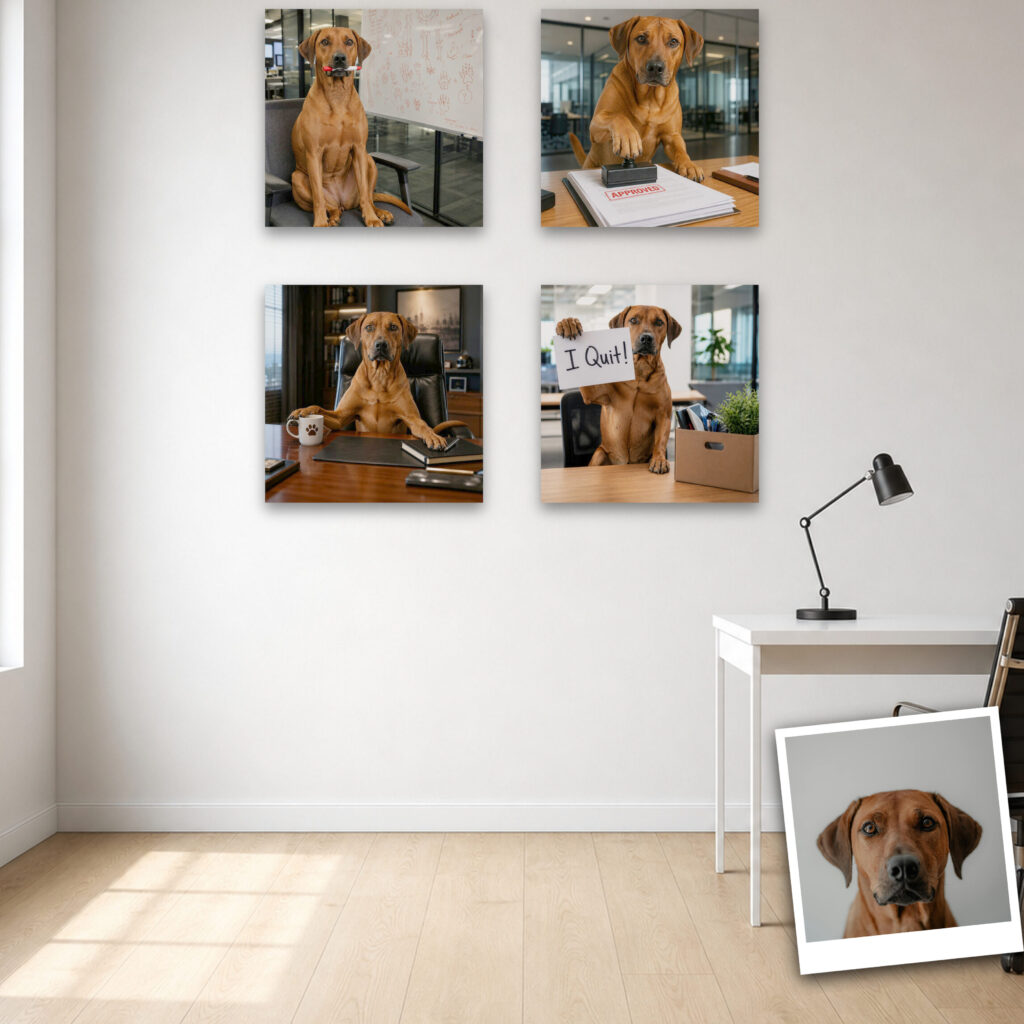Finished framed canvases on a wall with the original photo