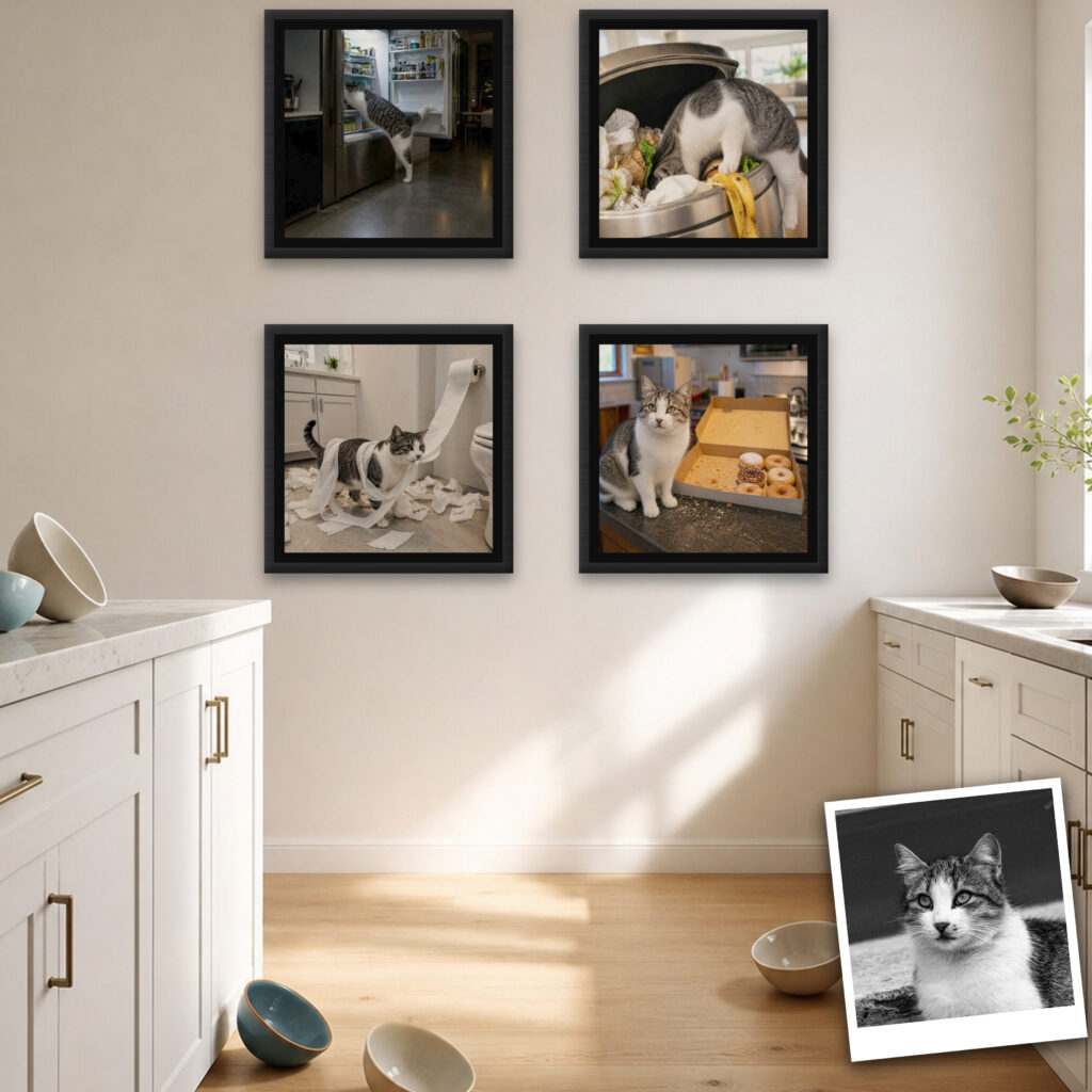 Finished framed canvases on a wall with the original photo