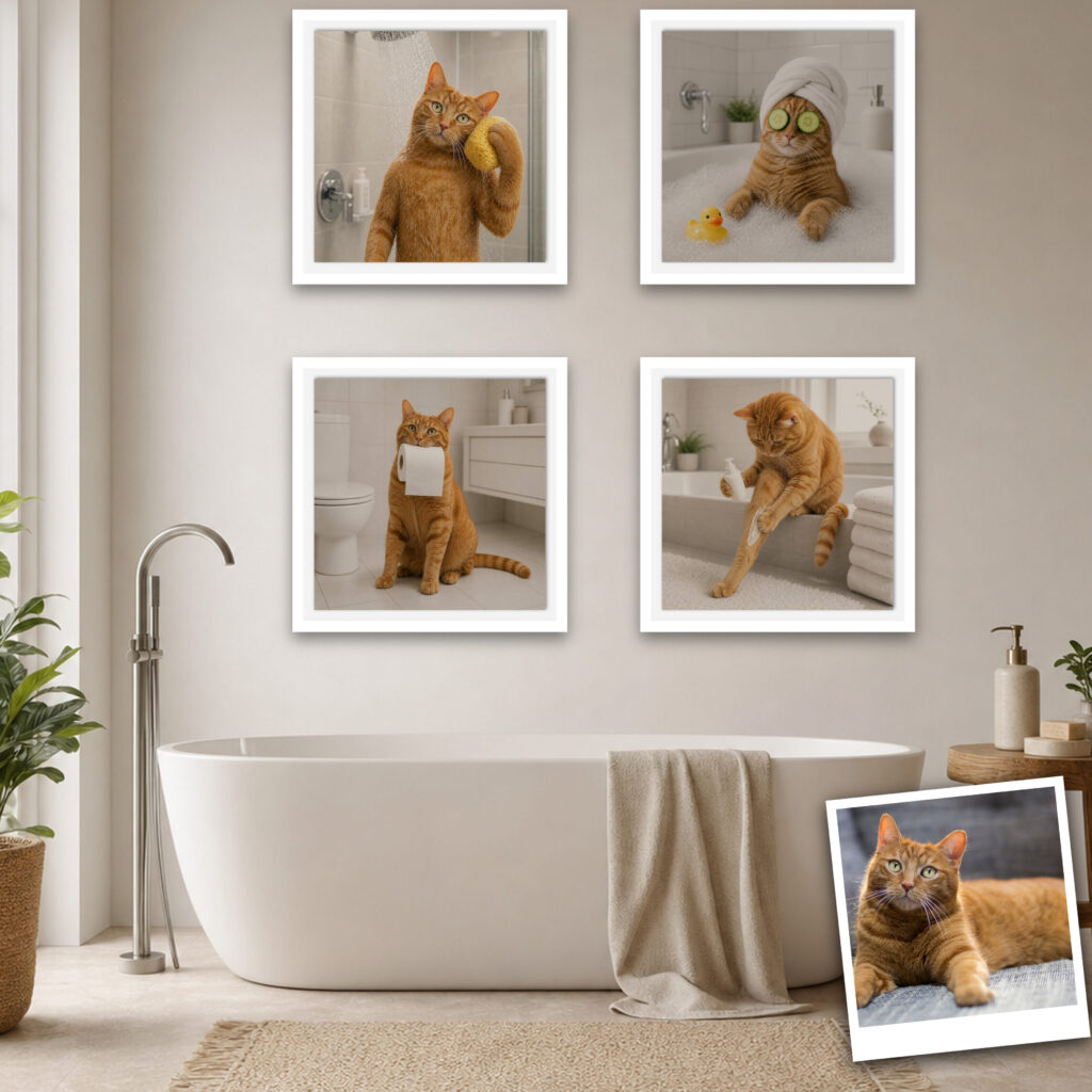 Finished framed canvases on a wall with the original photo