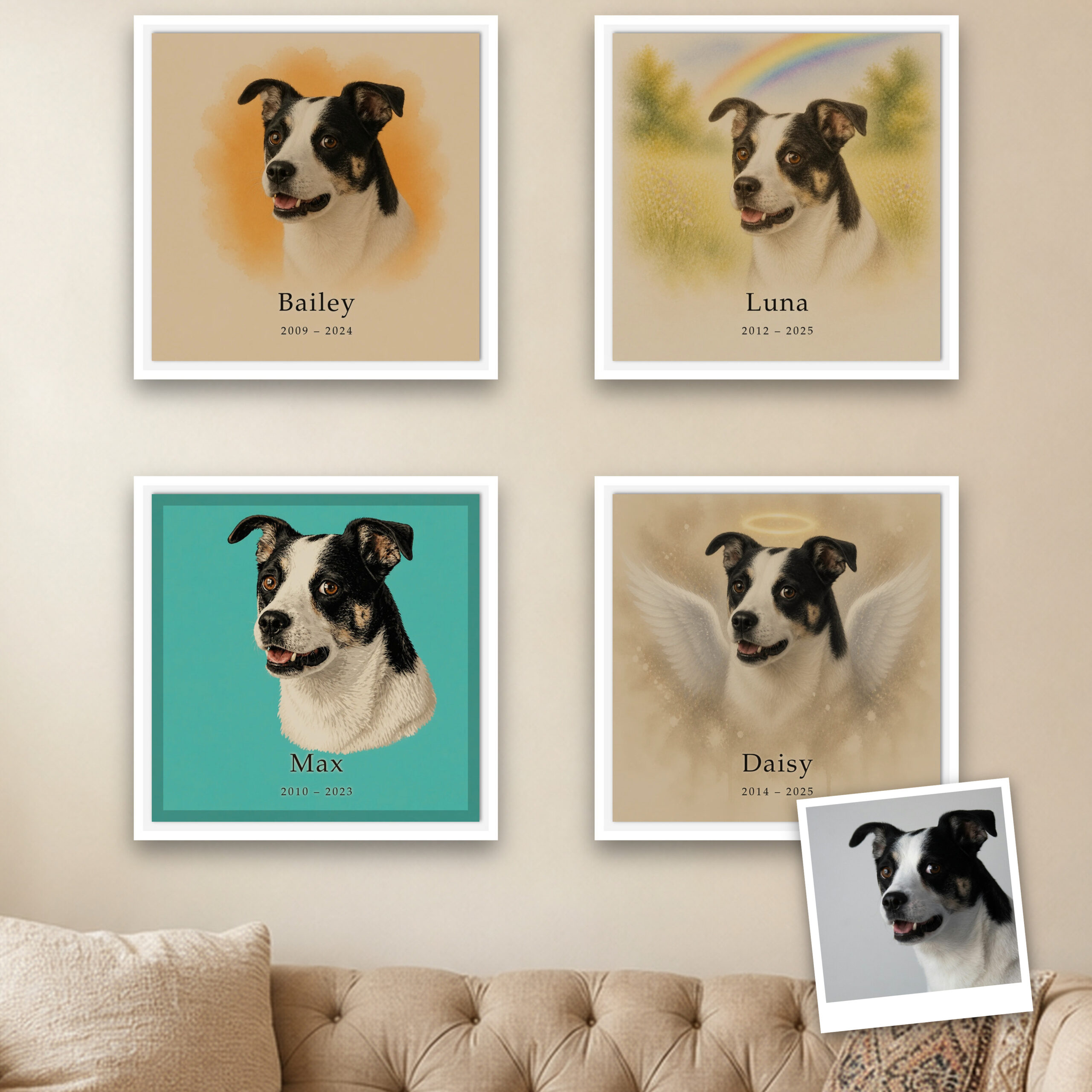 Memorial pet portraits with names, framed in a living room