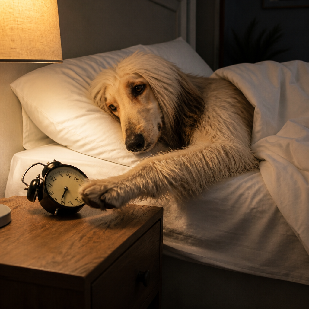 Do Not Disturb cosy pet portrait of a dog resting peacefully in bed at night