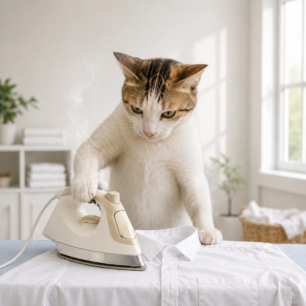 Domestic Diva pet portrait — a cat standing at an ironing board steaming a crisp white shirt