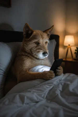 Late-Night Scroll: custom dog portrait in the Do Not Disturb style