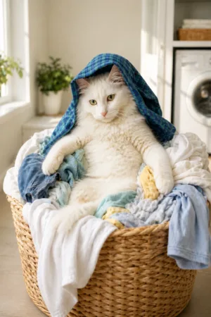 Laundry Nap: custom cat portrait in the Domestic Diva style