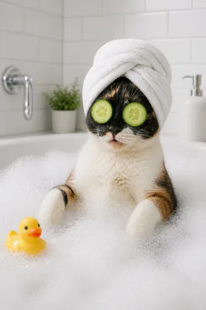Spa Day: custom cat portrait in The Big Soak style