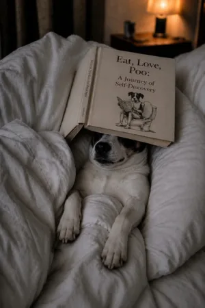Bedtime Story: custom dog portrait in the Do Not Disturb style