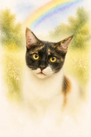 Rainbow Bridge: custom cat portrait in the In Loving Memory style