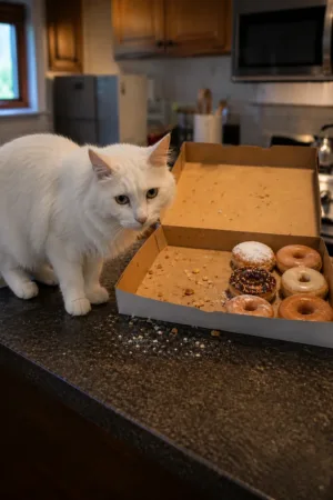 Donut Heist: custom cat portrait in The Usual Suspect style