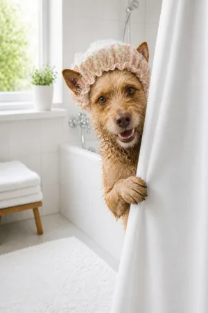 Shower Cap Peek: custom dog portrait in The Big Soak style