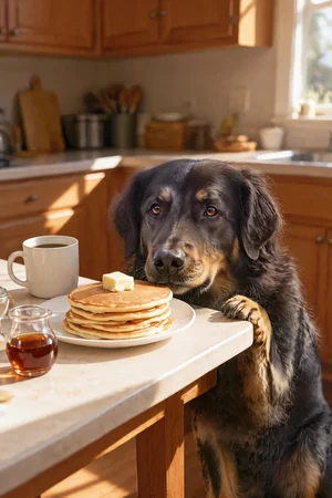 Pancake Plea: custom dog portrait in the Happy Hour style