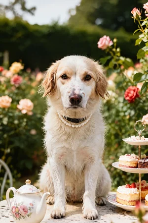 Rose Garden Tea: custom dog portrait in the Happy Hour style