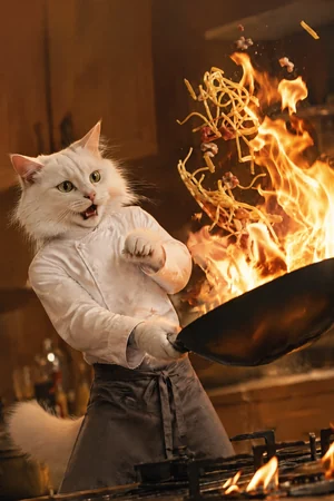 Flambé: custom cat portrait in the Head of the Kitchen style