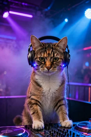 Behind the Decks: custom cat portrait in the Headliner style