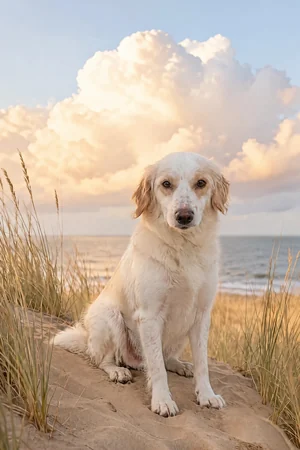Dune Day: custom dog portrait in the In Loving Memory style