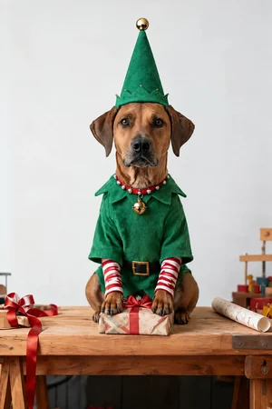 Head Elf: custom dog portrait in the Merry Mischief style