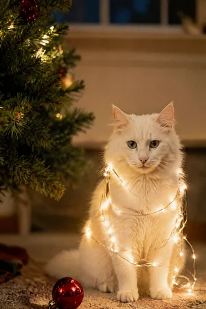 Tangled in the Lights: custom cat portrait in the Merry Mischief style