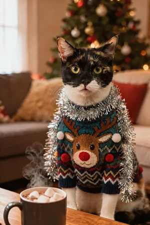 Worst Sweater Wins: custom cat portrait in the Merry Mischief style