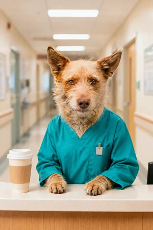 Night-Shift Nurse: custom dog portrait in the On Duty style