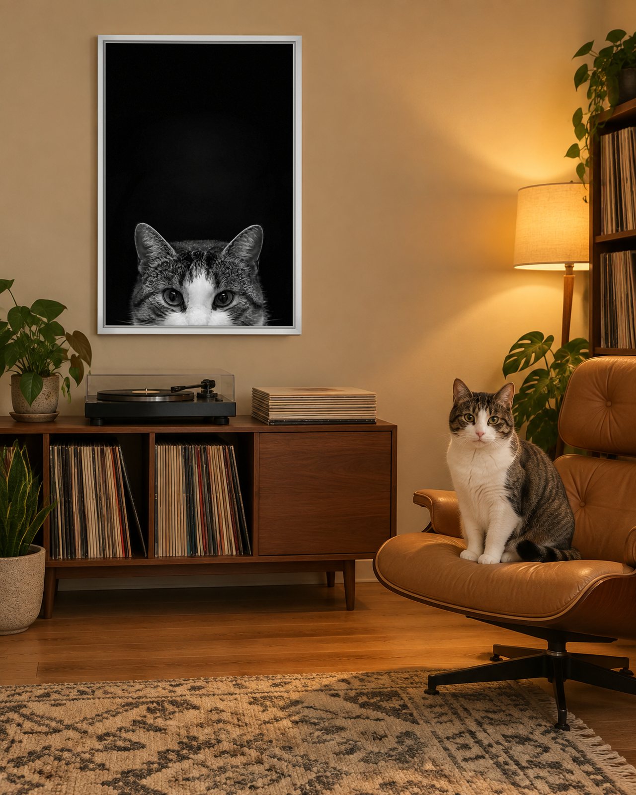 Peekaboo portrait on canvas in a white floating frame in a beige music room with a record shelf, with the cat beside it